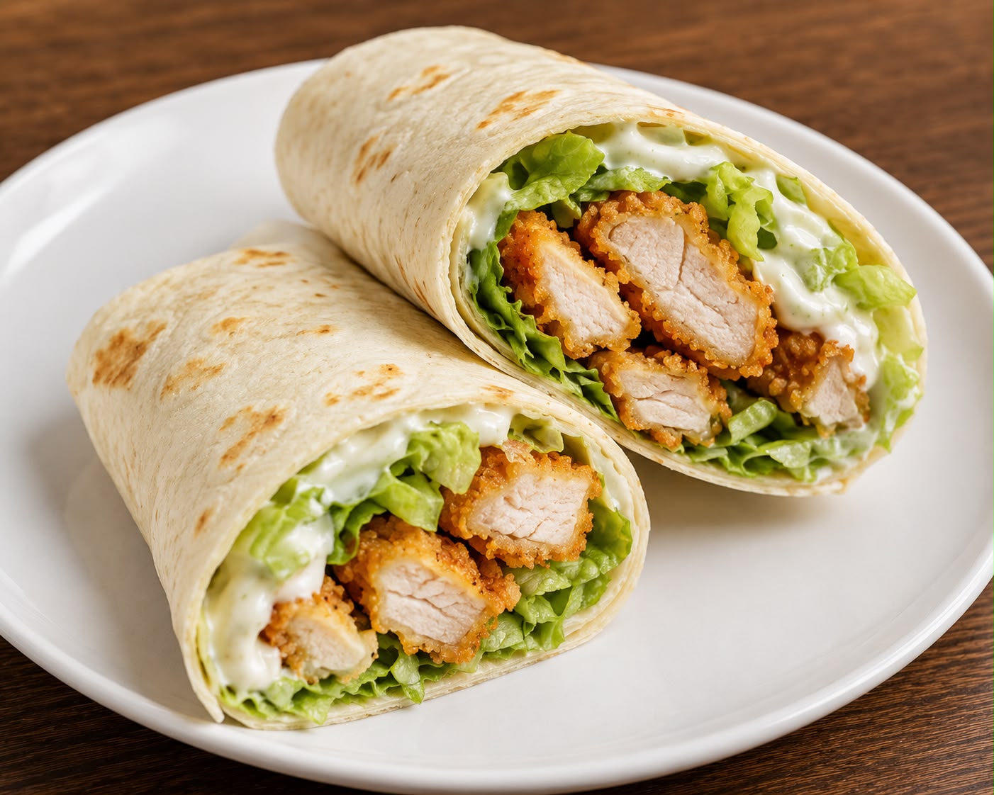 Crispy chicken wrap with lettuce and creamy dressing