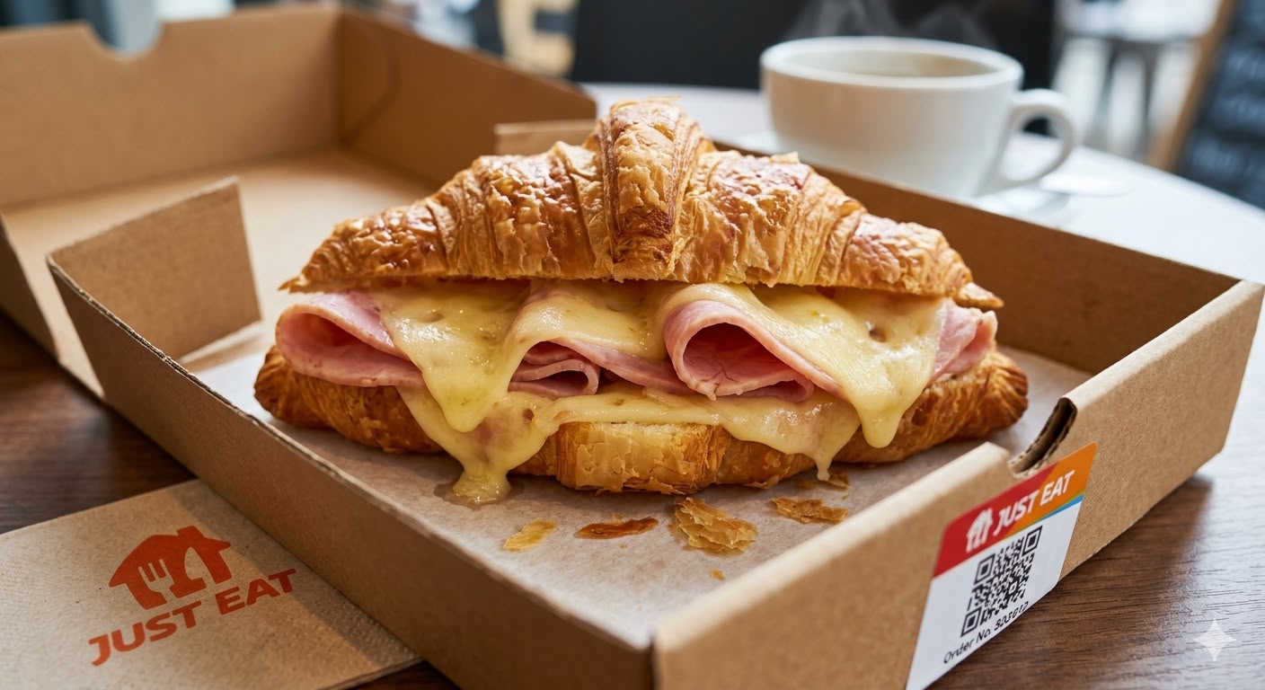 Warm ham and cheese croissant in a takeaway box