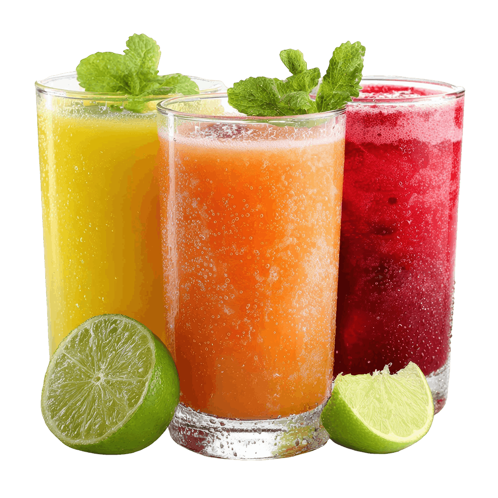Colourful fresh juices and smoothies in glasses