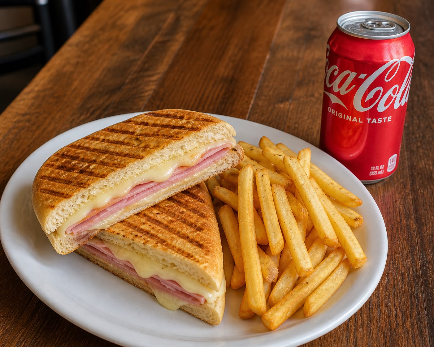 Grilled ham and cheese panini with fries and a cold drink