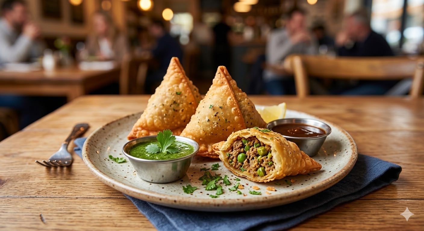 Crispy golden samosas with mint and tamarind chutney